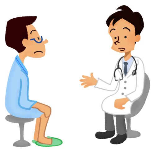 Man wearing hospital gown receiving a medical consultation with doctor clipart