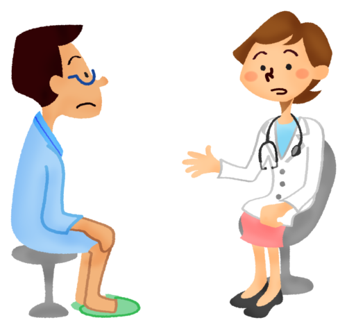 Man wearing hospital gown receiving a medical consultation with female doctor clipart