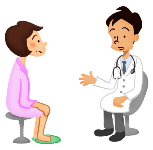 Woman wearing hospital gown receiving a medical consultation with doctor clipart