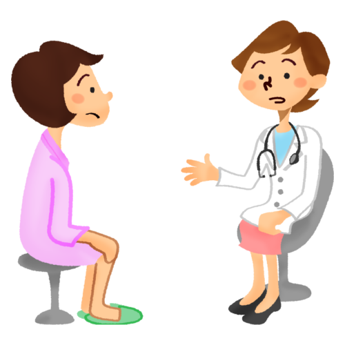 Woman wearing hospital gown receiving a medical consultation with female doctor clipart