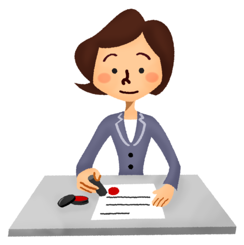 Businesswoman putting seal on document clipart