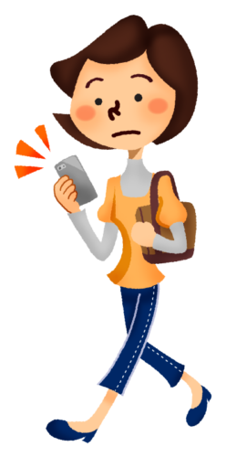 Woman looking at the cell phone while walking clipart
