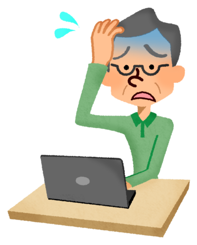 Panicked senior man in front of laptop clipart