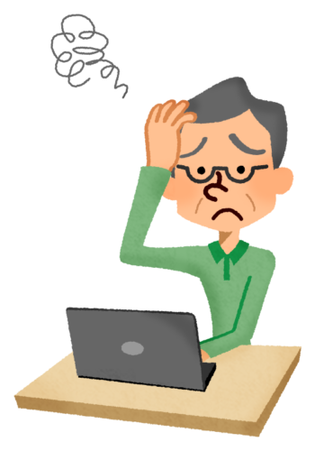 Annoyed senior man in front of laptop clipart