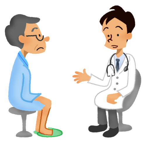 Senior man wearing hospital gown receiving a medical consultation with doctor clipart