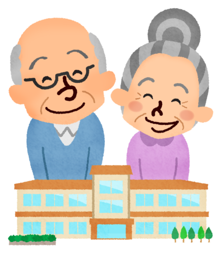 Nursing home and smiling elderly man and woman clipart