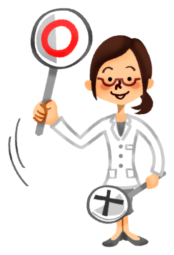 Woman in medical lab coat holding signboard of “Correct” mark” mark clipart