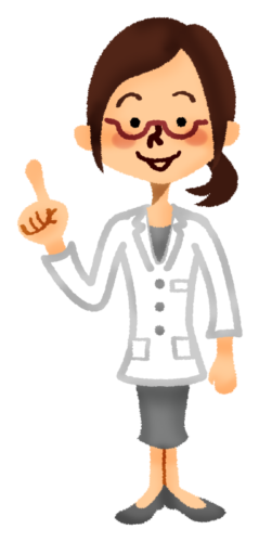 Woman in medical lab coat pointing upward clipart
