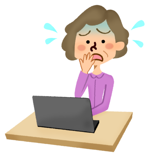 Panicked senior woman in front of laptop clipart