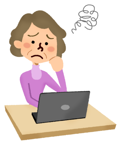 Annoyed senior woman in front of laptop clipart