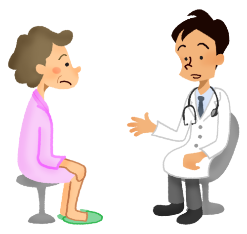 Senior woman wearing hospital gown receiving a medical consultation with doctor clipart