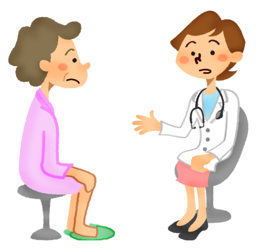 Senior woman wearing hospital gown receiving a medical consultation with female doctor clipart