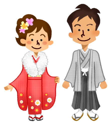 Pareja en kimono para la celebración de la mayoría de edad clipart