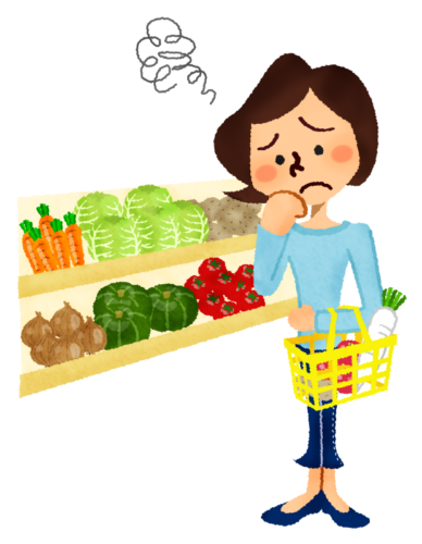Mujer preocupada que compra vegetales en supermercado clipart