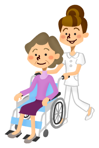Mujer mayor en silla de ruedas y cuidadora clipart