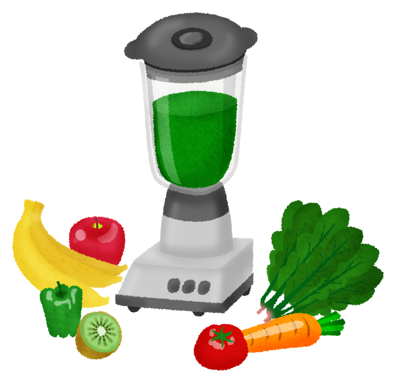 ジューサーミキサーと果物と野菜のかわいいフリーイラスト素材