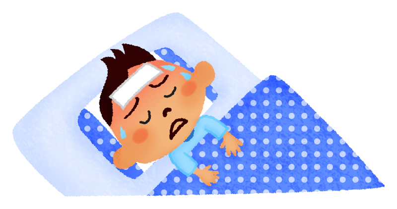 病気で寝ている男の子のかわいいフリーイラスト素材