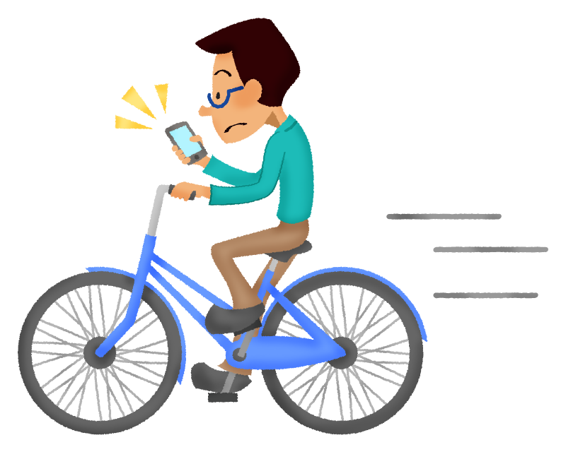 Man looking at the cell phone while riding a bike