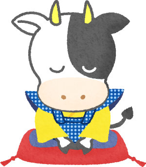 お辞儀をする着物の牛（福助人形）のイラスト