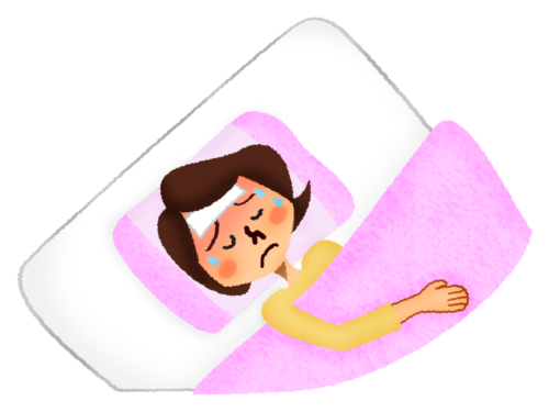 病気で寝ている女性のイラスト