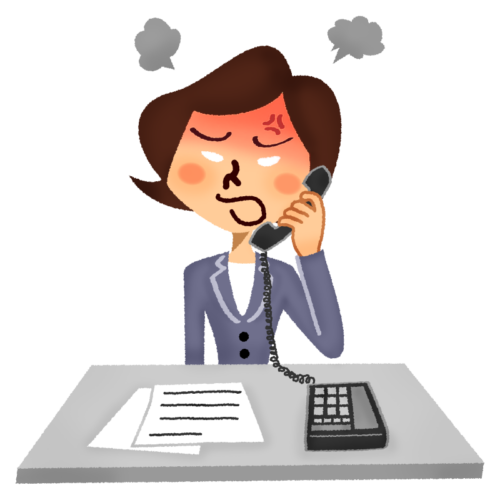 電話をする怒る女性会社員のイラスト