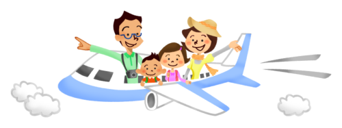 飛行機で旅をする家族のイラスト