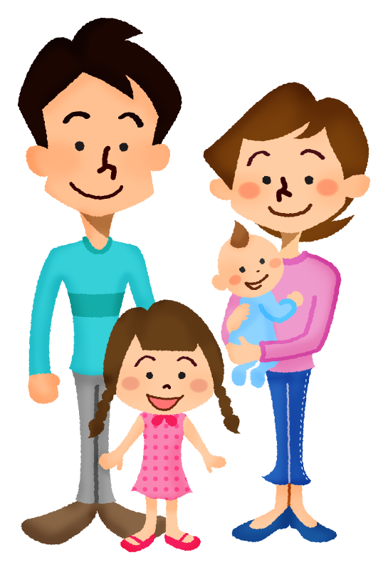 家族（夫婦と女の子と赤ちゃん）のかわいいフリーイラスト素材