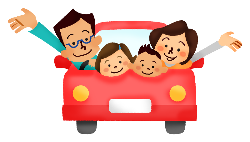 Family driving in car (front view)