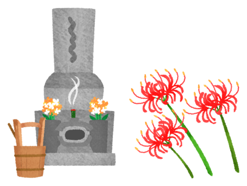 お墓参り（お墓と彼岸花）のイラスト