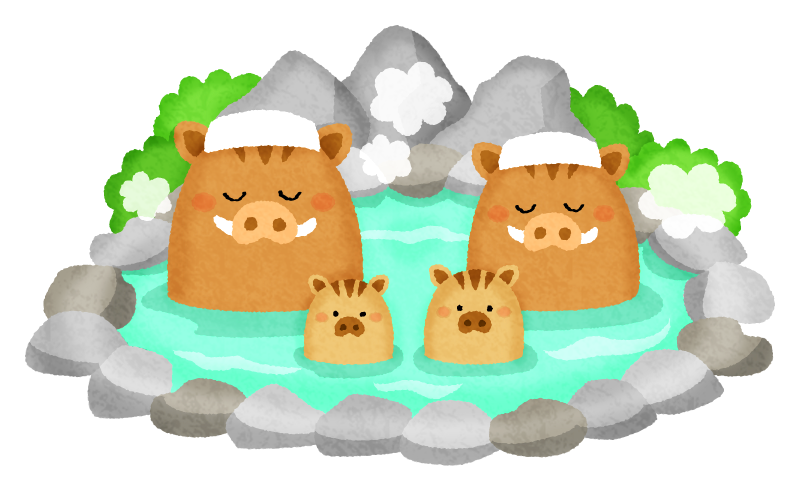Boar couple and children in hot spring (New Year's illustration)