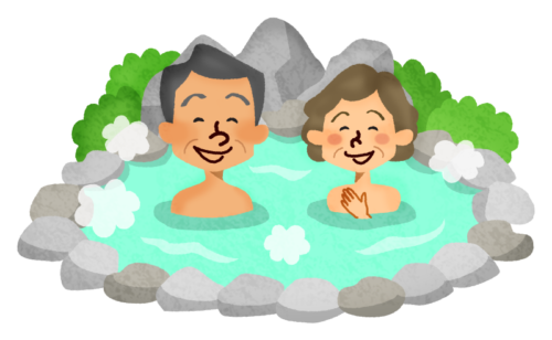 温泉に入る年配の夫婦のイラスト