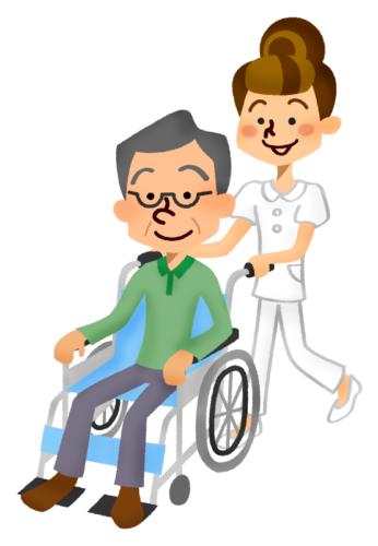 車椅子の年配男性と介護士のイラスト