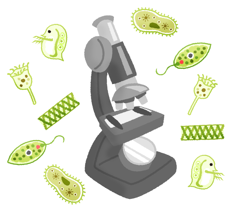 顕微鏡と微生物のかわいいフリーイラスト素材
