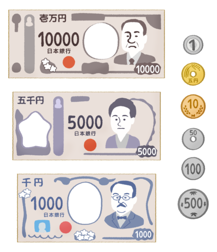日本のお金（新札・新紙幣と硬貨）のイラスト