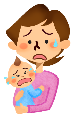 泣く赤ちゃんを抱っこするお母さんのイラスト