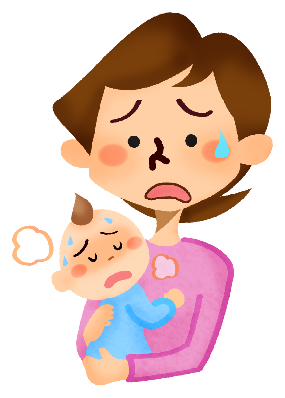 病気の赤ちゃんを抱っこするお母さんのかわいいフリーイラスト素材