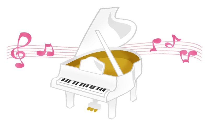白いピアノと音符のかわいいフリーイラスト素材