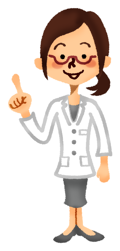 Woman in medical lab coat pointing upward