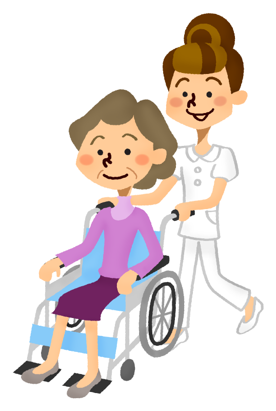 車椅子の年配女性と介護士のかわいいフリーイラスト素材