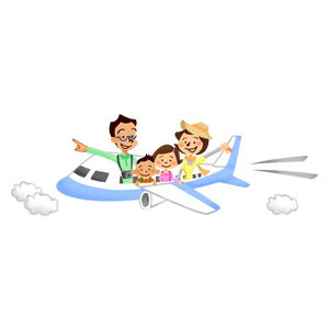 飛行機で旅をする家族
