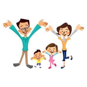 Familia muy feliz con las manos para arriba