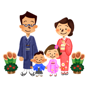 Familia en kimono y kadomatsu