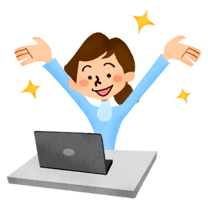 Happy woman in front of laptop
